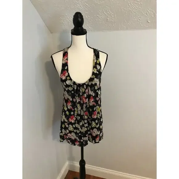 Anthro Ric Rac Floral Racerback Tank Black Sheer Back Ruffle M - Picture 2 of 9